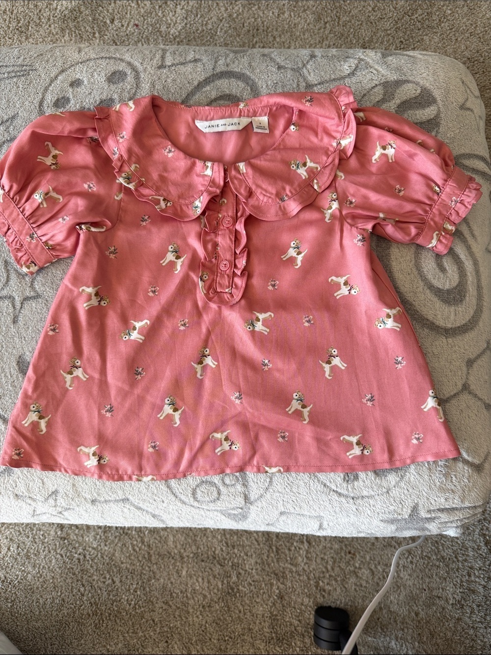 Janie and Jack Coral Pink Puppy Print Ruffle Collar Blouse